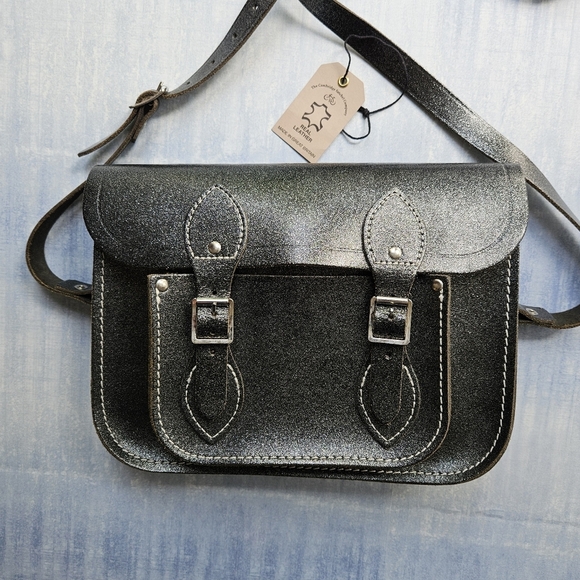 Cambridge Satchel Leather Crossbody Bag Graphite Black Metallic Glitter Sparkle - Picture 2 of 15